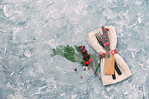 Christmas table place setting. Flat lay, copy space