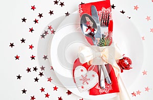 Christmas table place setting. Holidays background, top view, space for text