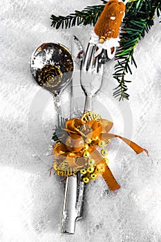 Christmas table place setting and Santa toy Holidays background