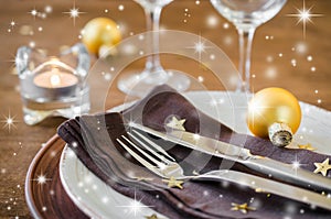 Christmas table place setting in vintage or rustic style.