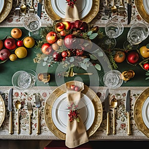 Christmas table scape, elegant formal dinner table setting, tablescape with holiday decoration for party event celebration,