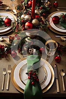 Christmas table scape, elegant formal dinner table setting, tablescape with holiday decoration for party event celebration,