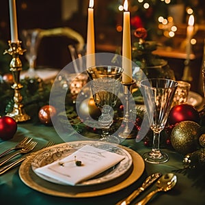 Christmas table scape, elegant formal dinner table setting, tablescape with holiday decoration for party event celebration,