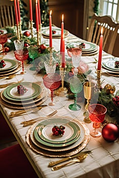 Christmas table scape, elegant formal dinner table setting, tablescape with holiday decoration for party event celebration,