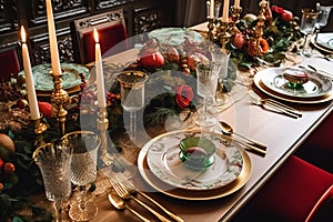 Christmas table scape, elegant formal dinner table setting, tablescape with holiday decoration for party event celebration,