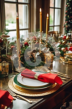 Christmas table scape, elegant formal dinner table setting, tablescape with holiday decoration for party event celebration,