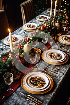 Christmas table scape, elegant formal dinner table setting, tablescape with holiday decoration for party event celebration,