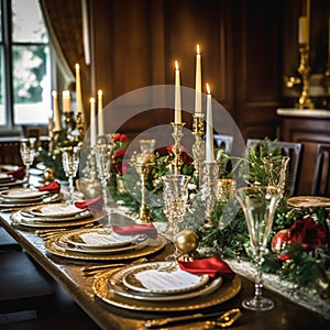 Christmas table scape, elegant formal dinner table setting, tablescape with holiday decoration for party event celebration,