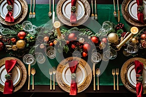 Christmas table scape, elegant formal dinner table setting, tablescape with holiday decoration for party event celebration,