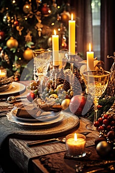 christmas table setting with candles and decorations