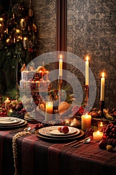 christmas table setting with candles and decorations