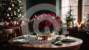 Christmas table setting with central flowers arrangement.