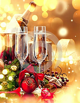 Christmas table setting with champagne. New Year celebration