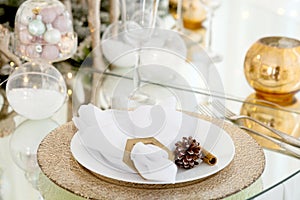 Christmas table setting, festive table, tableware