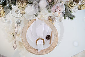 Christmas table setting, festive table, tableware