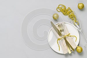 Christmas table setting. Flat lay, top view. Minimal style, copy space