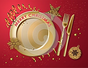Christmas table setting, gold plate, fork, knife and tinsel, snowflake, star, serpentine on a red background for Christmas, New