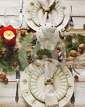 Christmas table setting. Holiday Decorations.