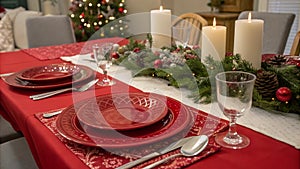 A christmas table setting with red plates and silverware created with technology