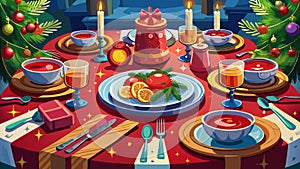 A christmas table setting with red plates and silverware created with technology