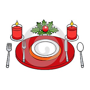 A christmas table setting with red plates and silverware created with technology