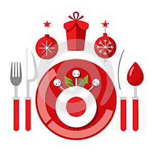A christmas table setting with red plates and silverware created with technology