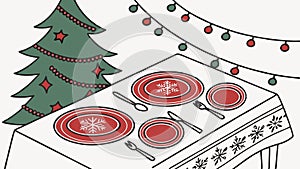 A christmas table setting with red plates and silverware created with technology