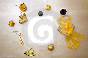 Christmas table setting. wooden plate and silverware on wooden background.
