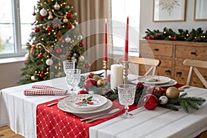 Christmas table setting on wooden table photo