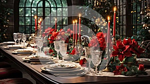 Christmas table with sparkling dinnerware and cutlery, red flowers candles decoration creating cozy festive interior atmosphere