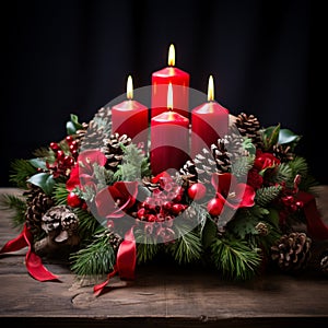 Christmas table wreath with candles, AI Generative