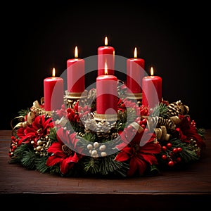 Christmas table wreath with candles, AI Generative