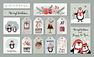 Christmas tags/labels/greeting cards with cute penguins and hand lettering