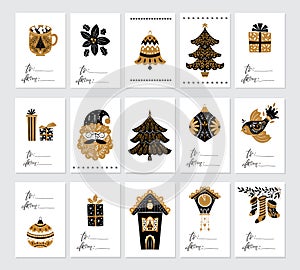 Christmas tags with season cliparts in scandinavian style