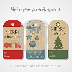Christmas Tags, stickers, badges, labels or banner for your gift box on grey background. Vector illustration for Holiday