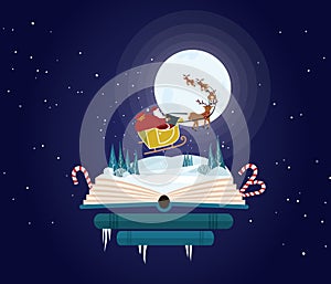 Christmas tale comming out of open book. Santa on the moon backround