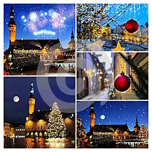 Christmas  Tallinn panorama holiday    winter   old town Hall square  fireworks, night blur ,moon and sky  ,travel holidays  Eston