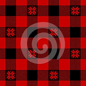 Christmas tartan plaid pattern in red and black with pixel fair isle snowflake motif. Seamless buffalo check gingham for flannel.