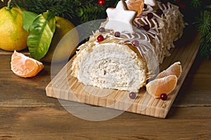 Christmas Tasty Homemade Cake Decorated with Berries Citrus and Gingerbread Cookies Wooden Background Christmas Food Holidays Menu