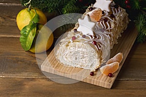 Christmas Tasty Homemade Cake Decorated with Berries Citrus and Gingerbread Cookies Wooden Background Christmas Food Holidays Menu