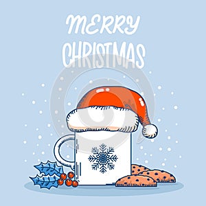 Christmas tea or coffee time with sweet chocolate chip cookies. Vector winter Chriistmas card with red Santa hat and holly berry