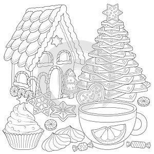 Christmas tea party, caramel, cookies. Winter holiday illustration.