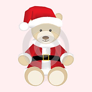 Christmas teddy bear in red Santa hat and jacket. Isolated illustration.