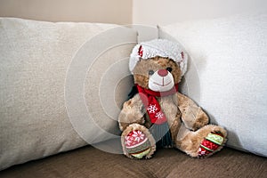 Christmas Teddy bear sits on the couch