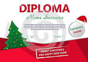 Christmas template diploma or certificate. New year reward with Christmas tree and Santa hat. Vector