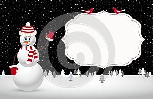 Christmas night landscape with snowman. vector illustration