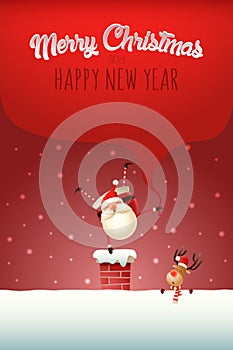 Christmas template poster with text - Happy Santa Claus with gifts bag standing on one hand on the chimney