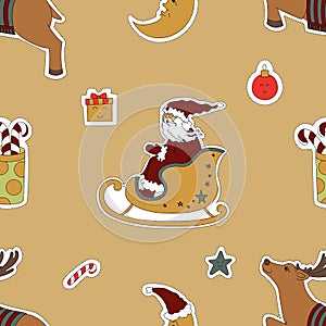 Christmas template. Santa Claus in a sleigh, reindeer and gifts.