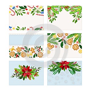 Christmas templates for greeting card set. Happy New Year cards, banners with fir tree branches, poinsettia flowers and