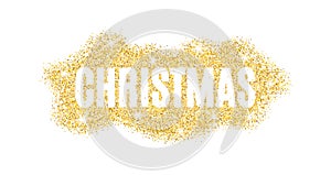 Christmas text made of golden particles on a white background. Gold glitter. Christmas lights. Christmas golden background for ban